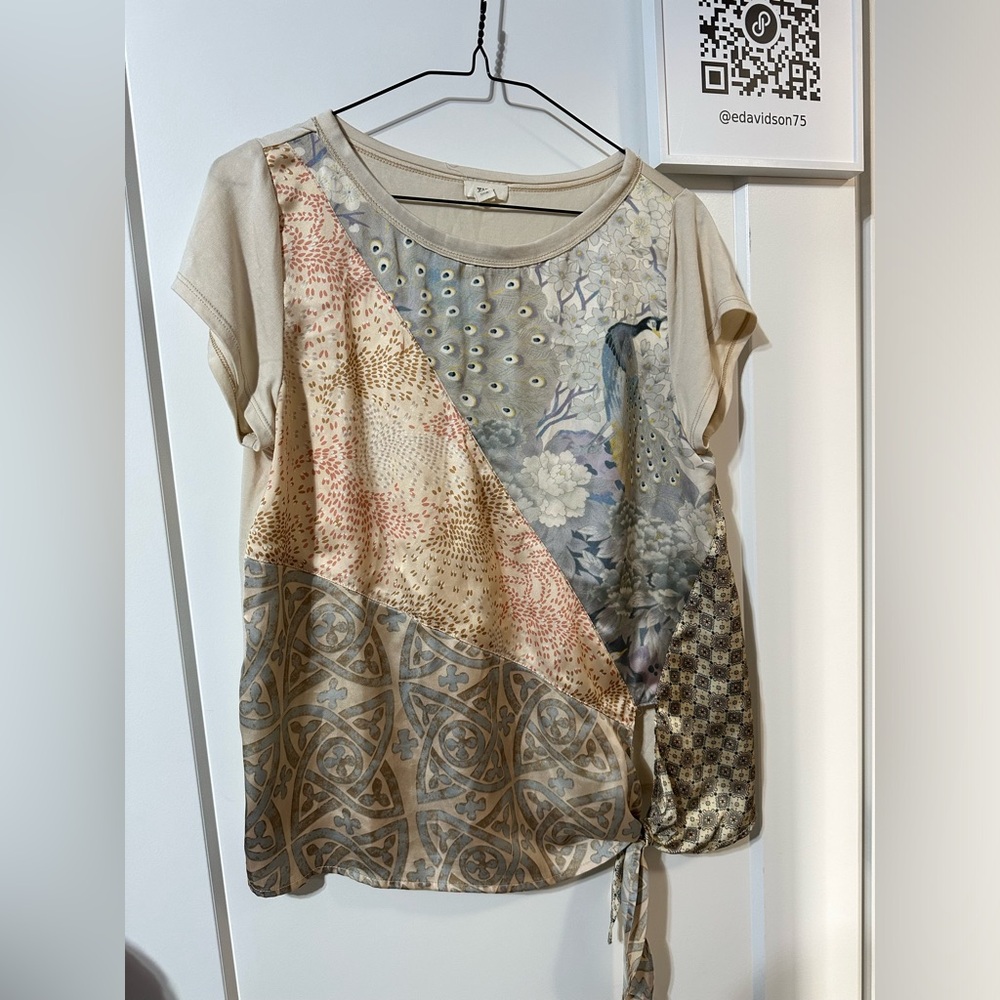Anthropologie brand Tiny, peacock silky tee with side tie